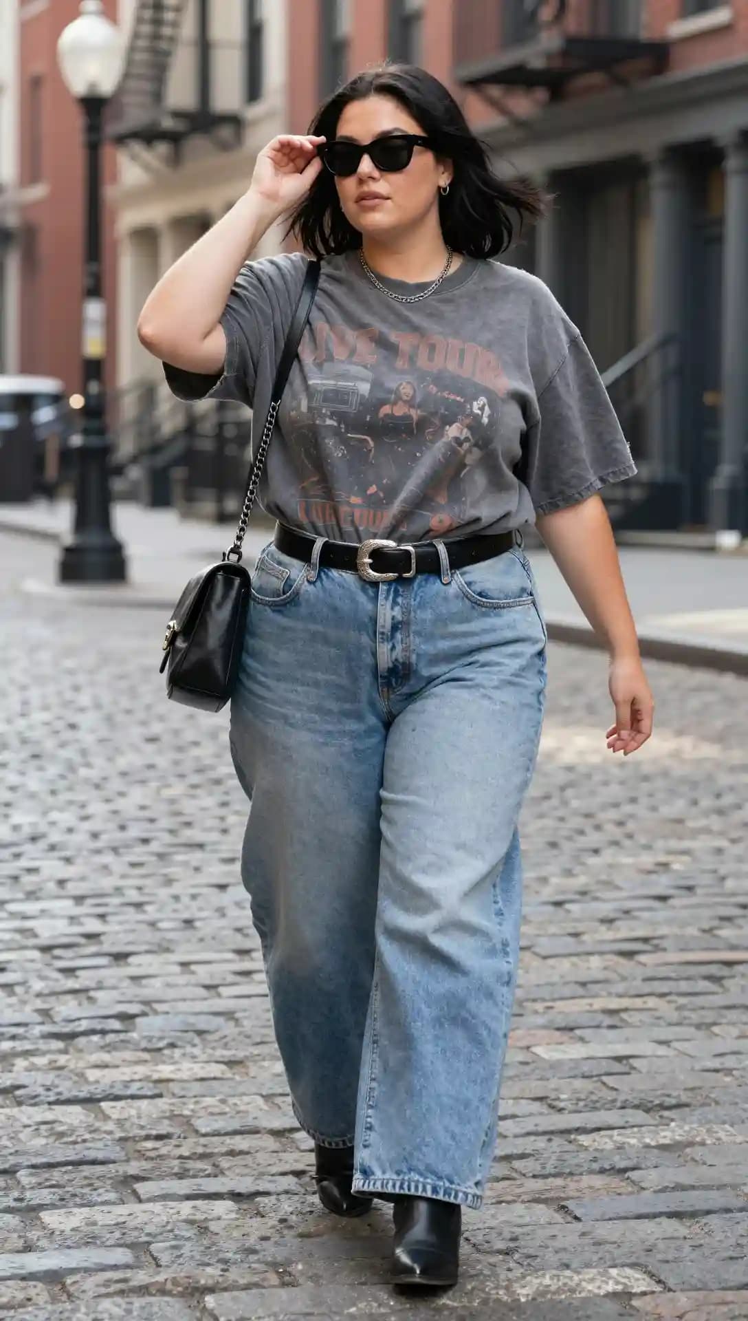 Grey Vintage Graphic Tee + Light Wash Wide Leg Jeans