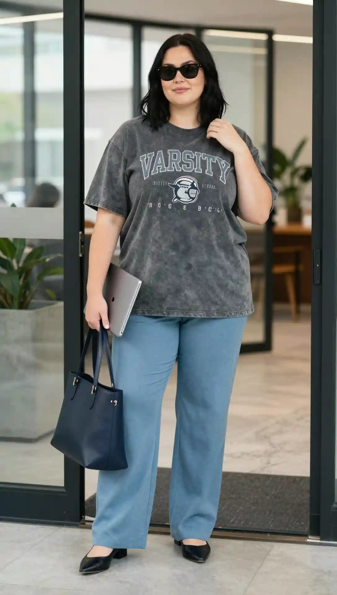 Dark Grey Graphic Tee + Light Blue Wide-Leg Trousers