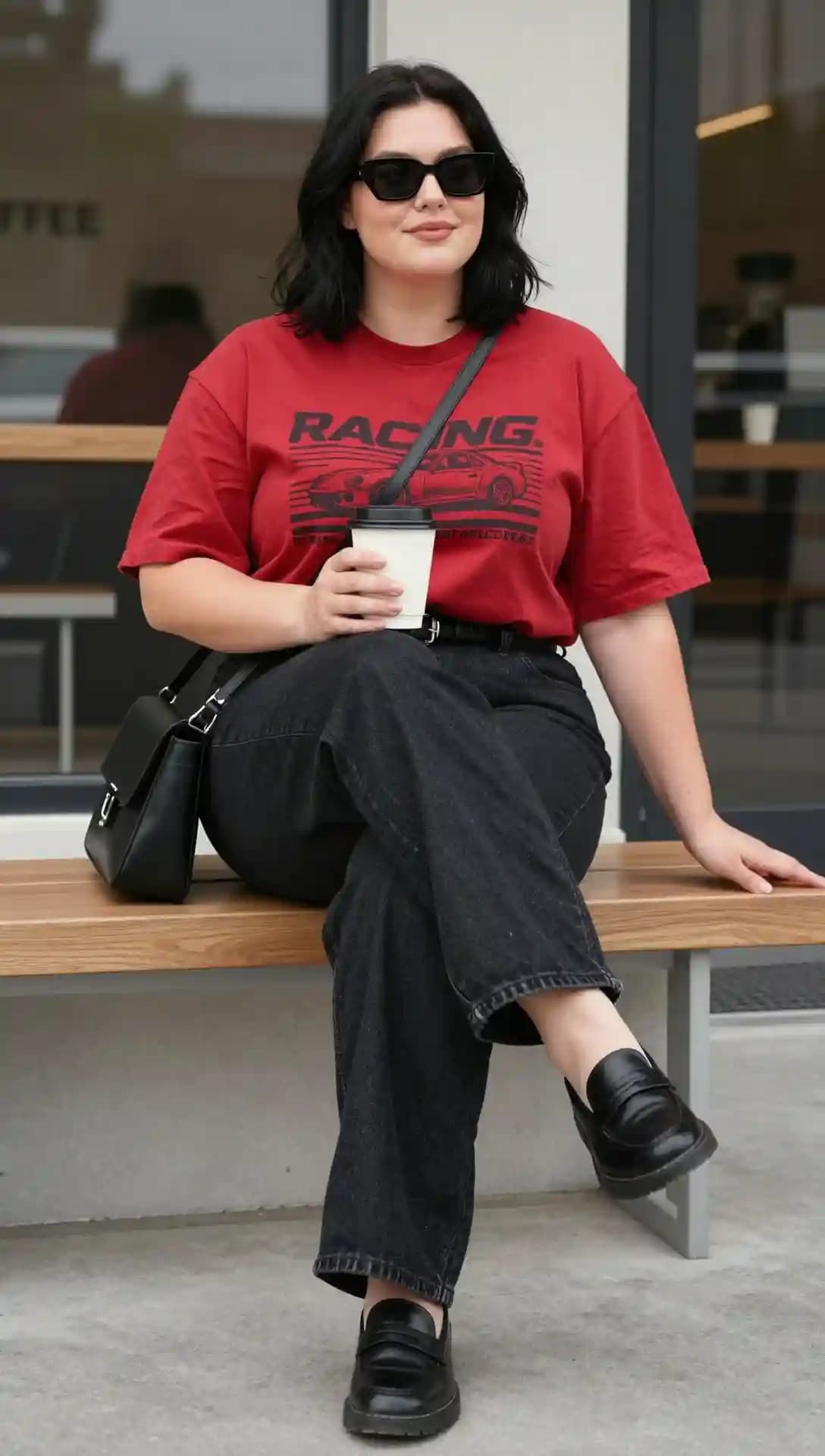 Red Racing Graphic Tee + Black Wide-Leg Jeans