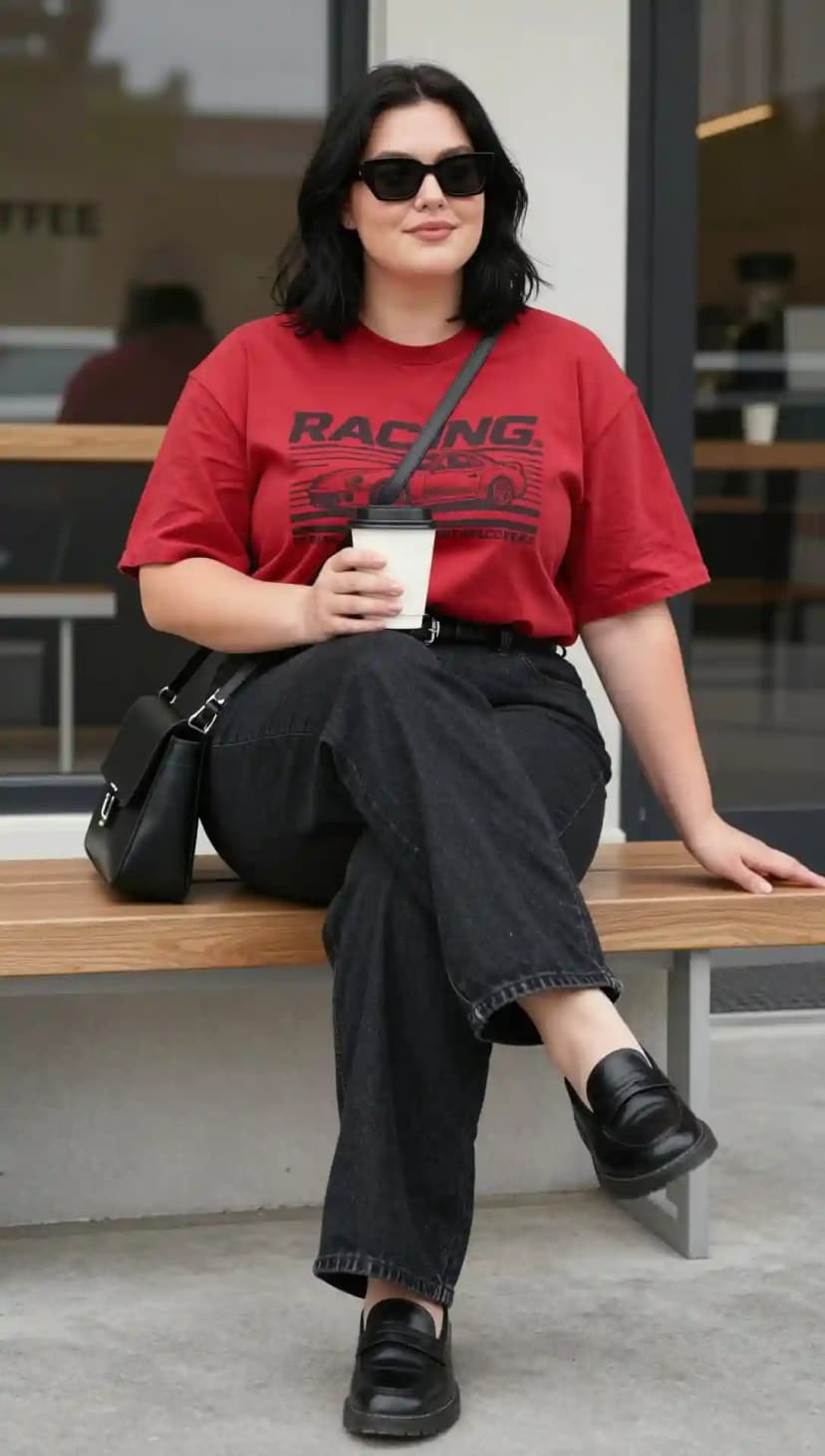 Red Racing Graphic Tee + Black Wide-Leg Jeans