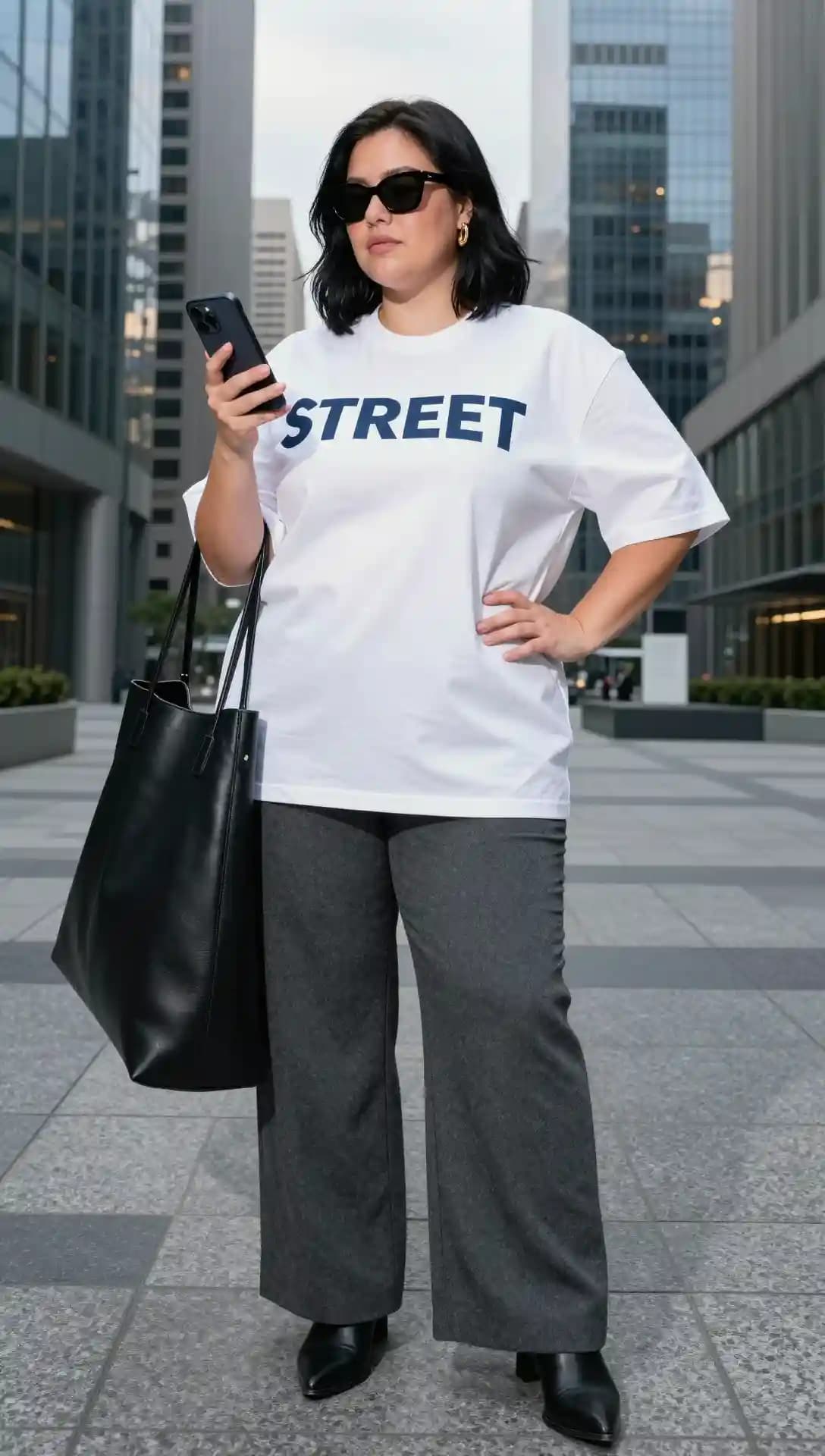 White Graphic Tee + Dark Grey Wide-Leg Trousers