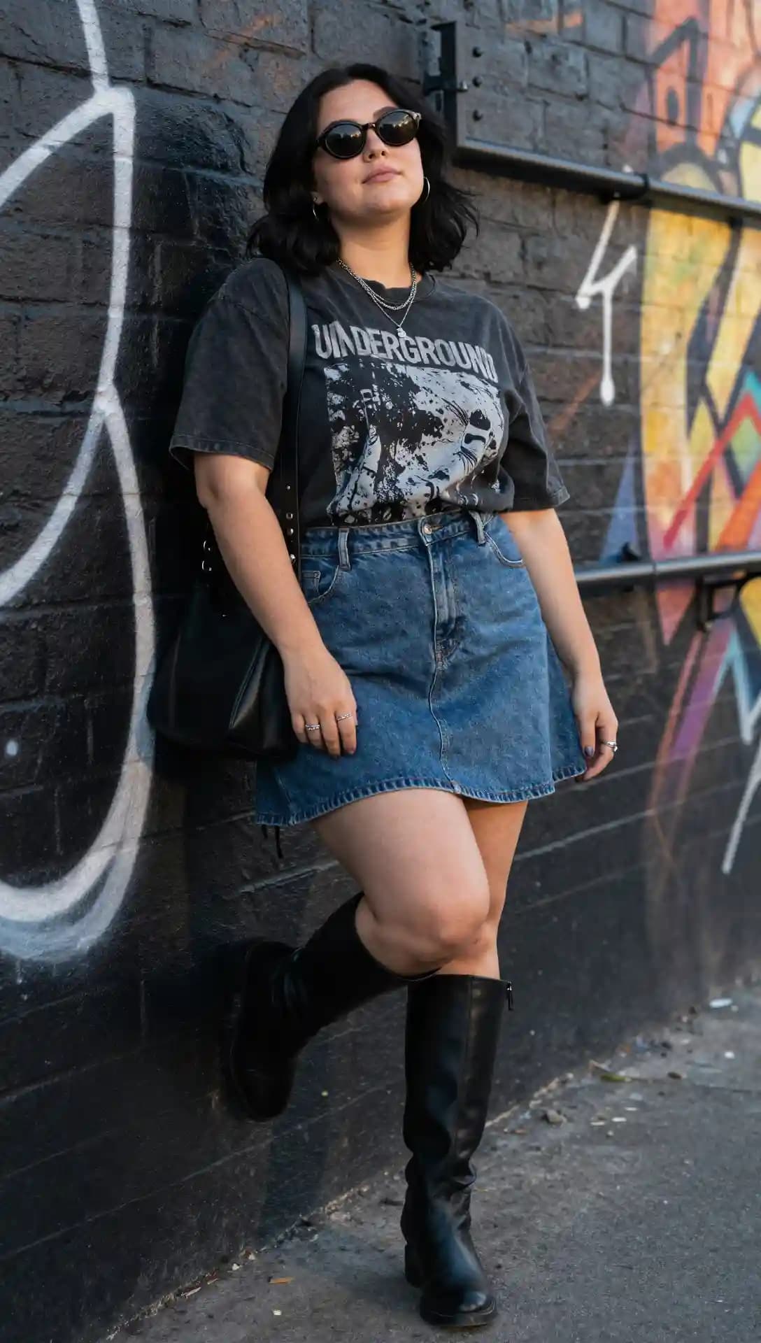 Dark Grey Graphic Tee + Light Wash Denim Mini Skirt