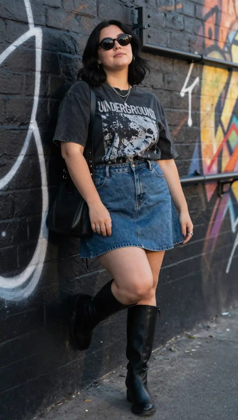 Dark Grey Graphic Tee + Light Wash Denim Mini Skirt
