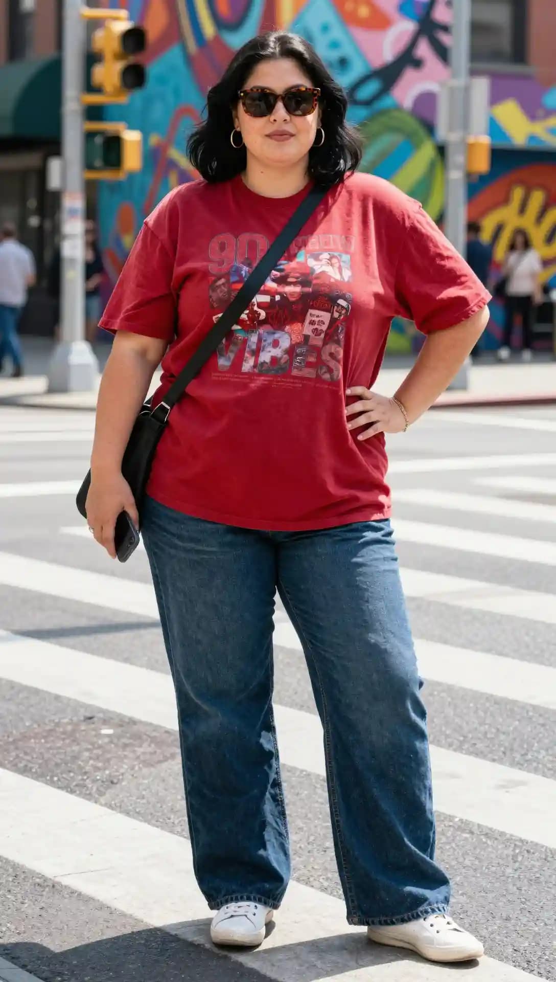 Red 90s Vibes Graphic Tee + Medium Wash Wide Leg Jeans