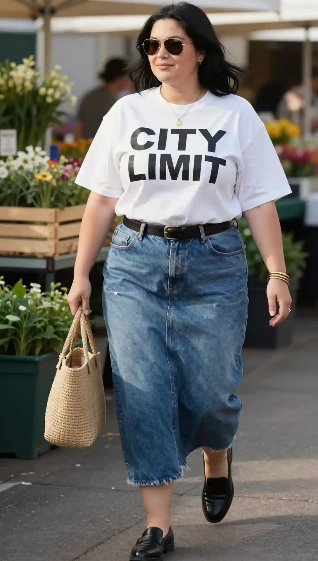 White Graphic Tee + Blue Denim Midi Skirt + Black Loafers