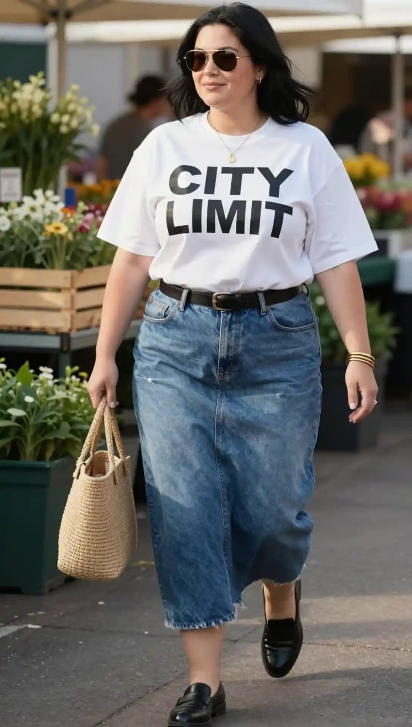 White Graphic Tee + Blue Denim Midi Skirt + Black Loafers