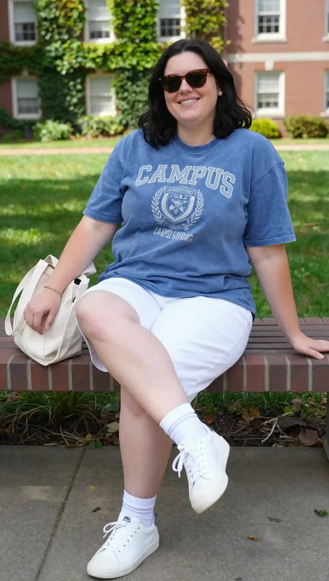 Blue Graphic Tee + White Bermuda Shorts