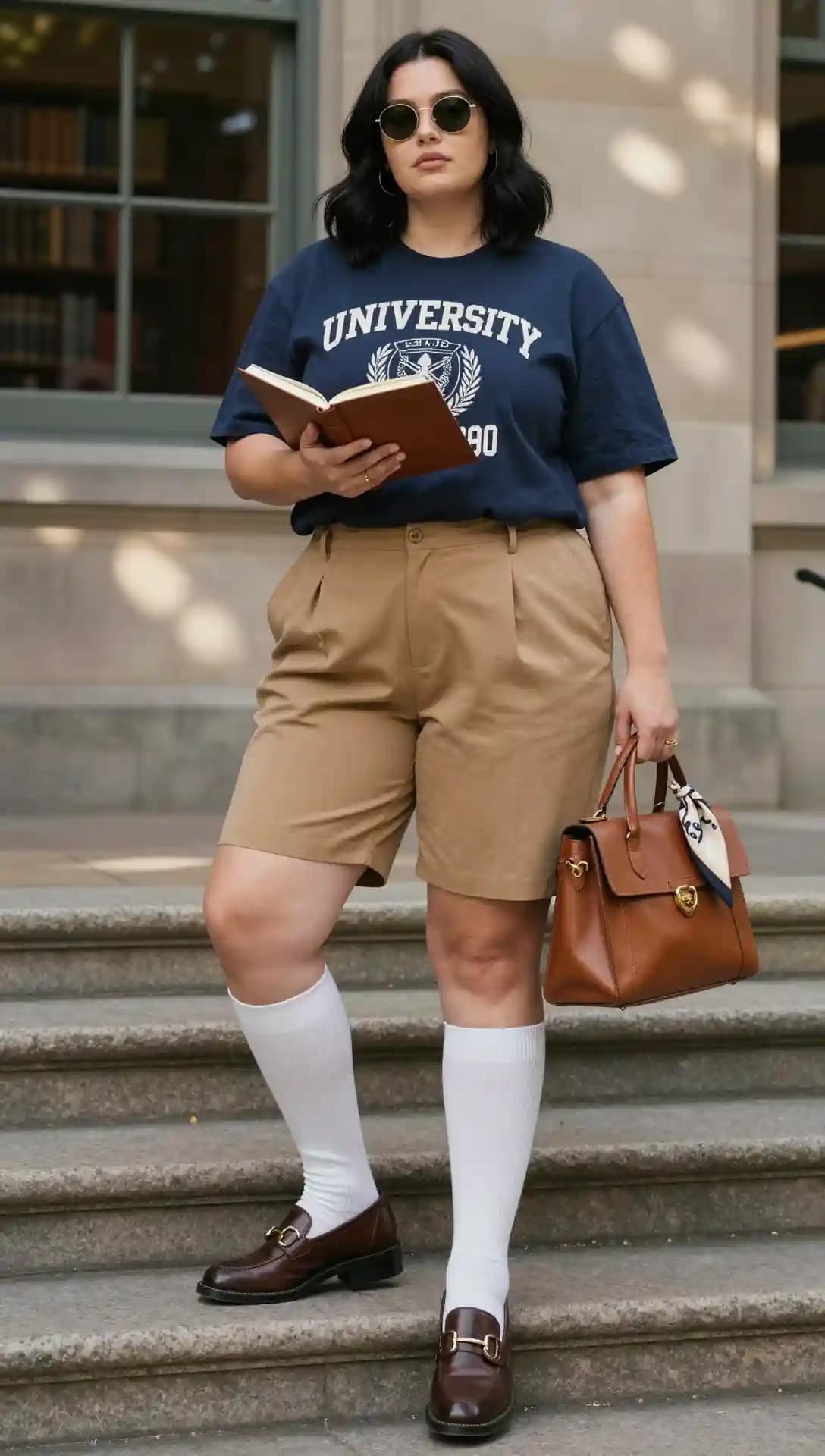 Navy Graphic Tee + Khaki Tailored Shorts