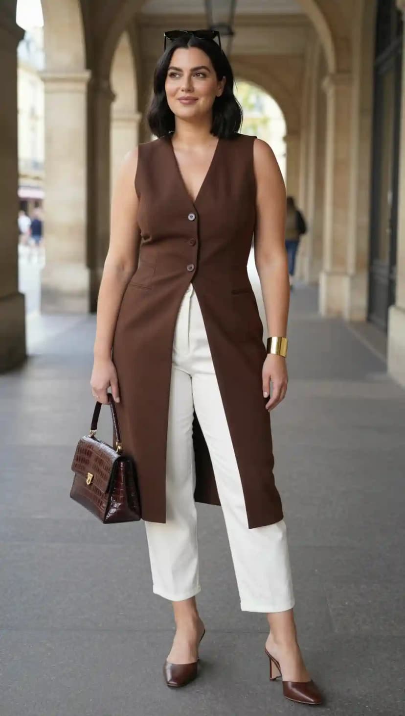 Brown Sleeveless Longline Vest + White Cotton Trousers + Brown Leather Mules