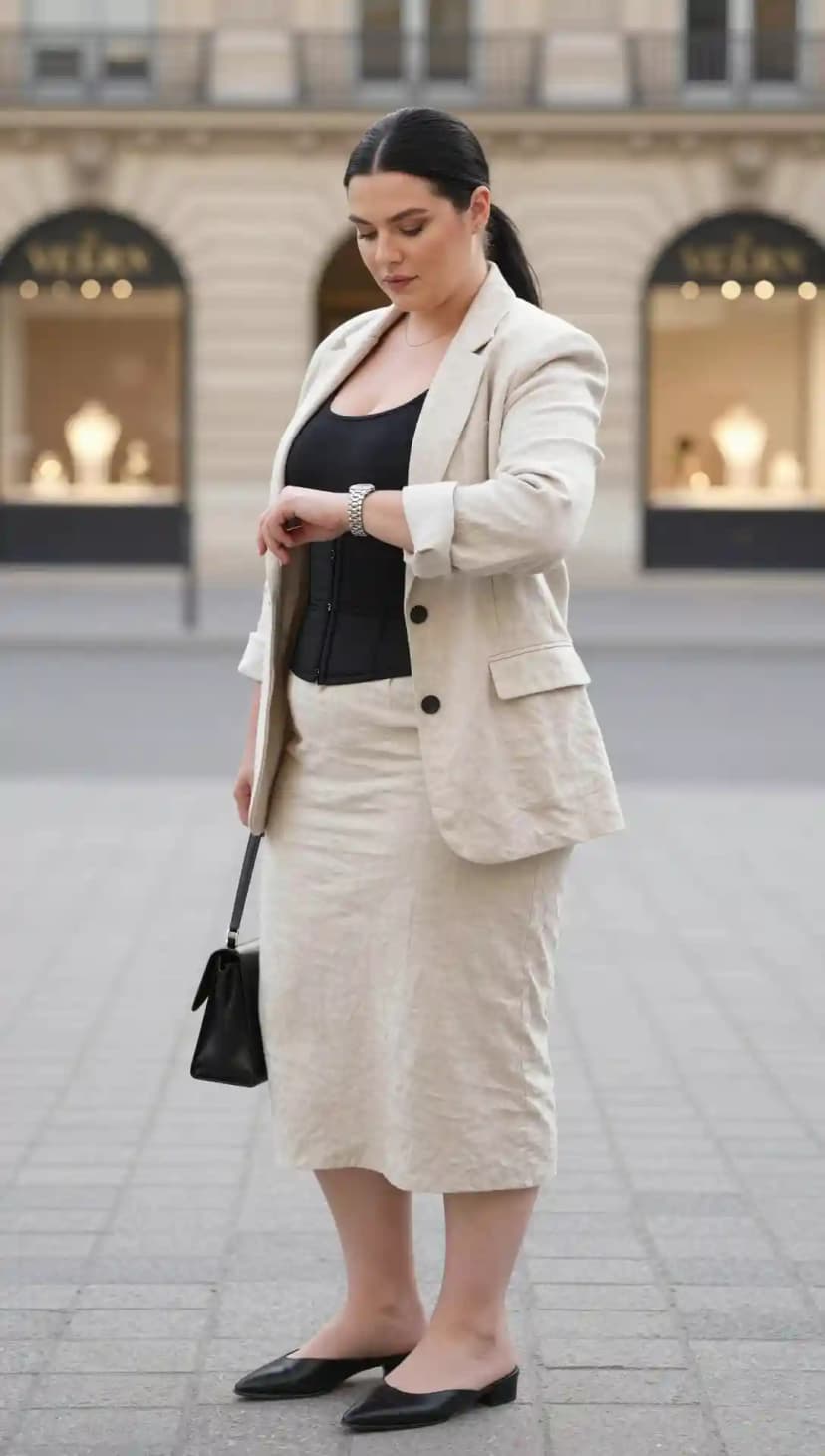 Beige Linen Blazer + Black Corset Top + Beige Linen Midi Skirt