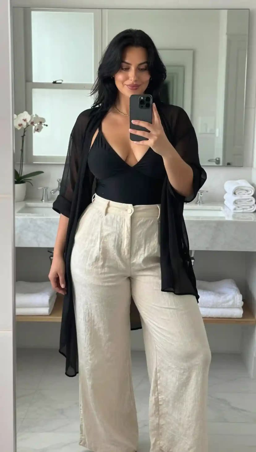 Black V-Neck Bodysuit + Beige Linen Wide-Leg Pants + Black Chiffon Kimono