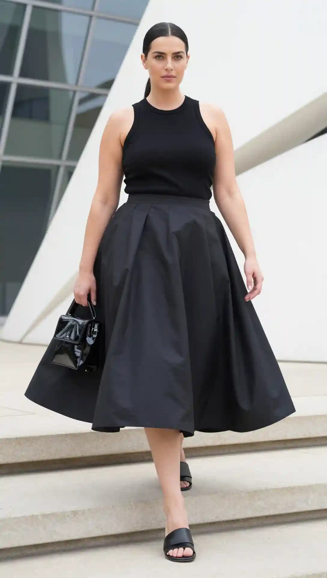 Black Ribbed Knit Tank + Black Cotton Midi Skirt