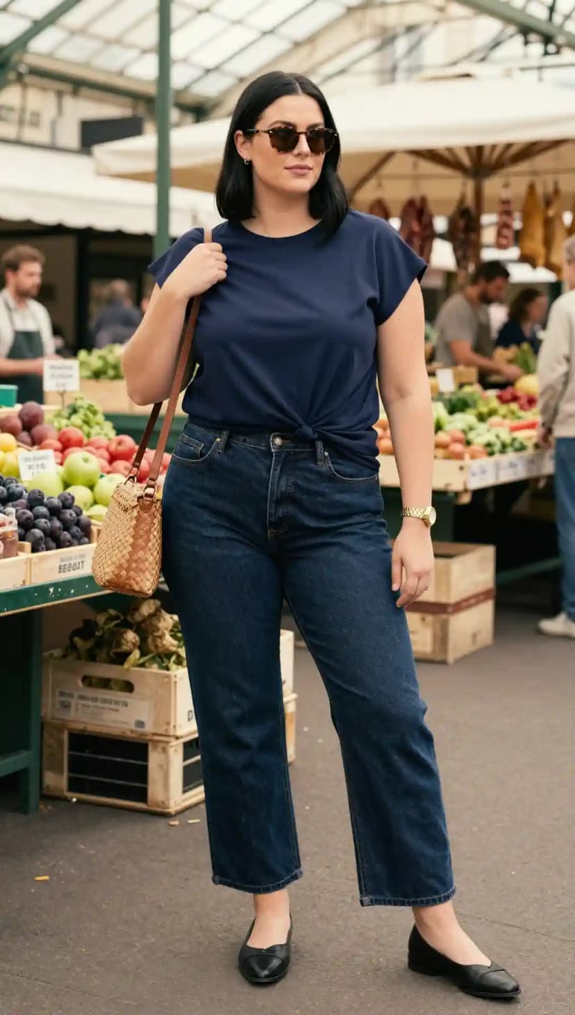 Navy Cotton T-shirt + Dark Wash Denim Jeans