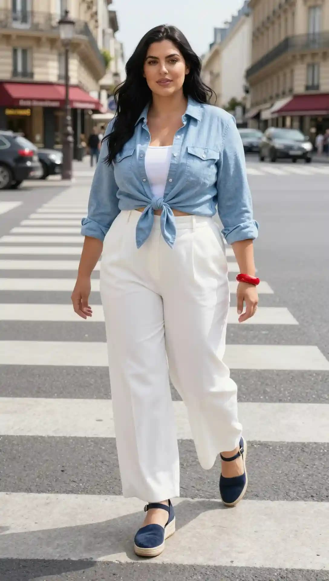 Light Blue Chambray Shirt + White Linen Wide-Leg Pants