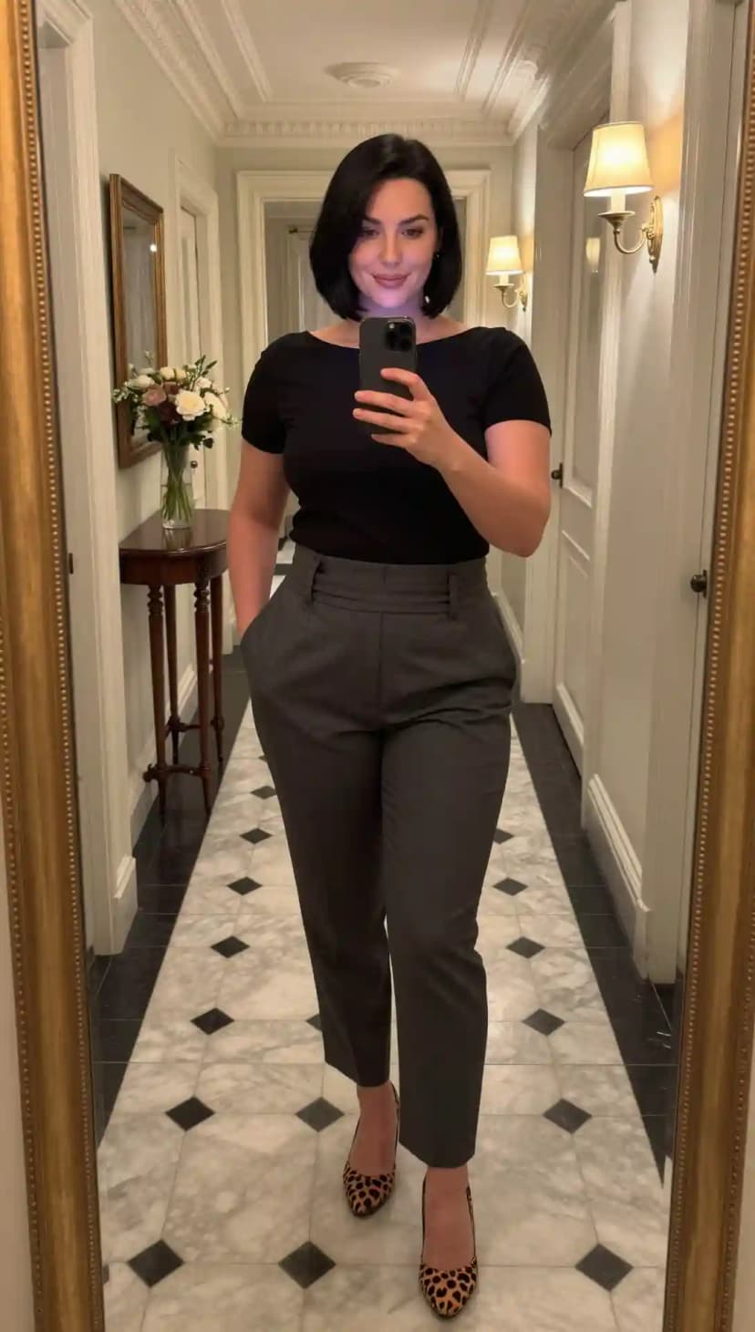 Black Knit Top + Grey Wool Trousers + Leopard Print Heels