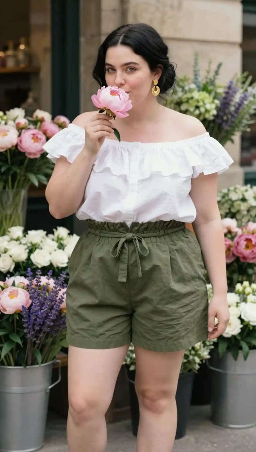 White Cotton Off-The-Shoulder Top + Olive Green Linen Shorts