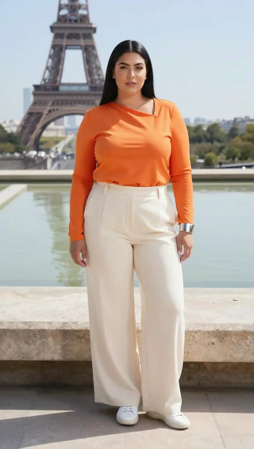Orange Jersey Top + Cream Wide-Leg Trousers