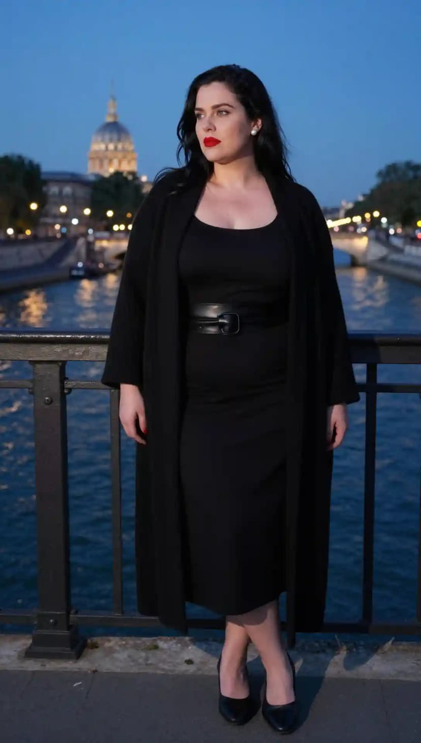 Black Knit Maxi Cardigan + Black Sleeveless Midi Dress + Black Leather Belt