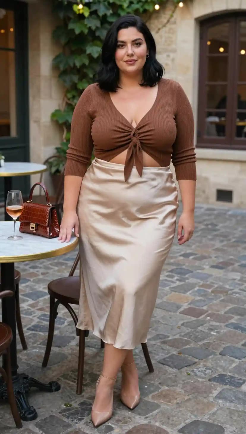Brown Ribbed Knit Crop Top + Champagne Satin Midi Skirt