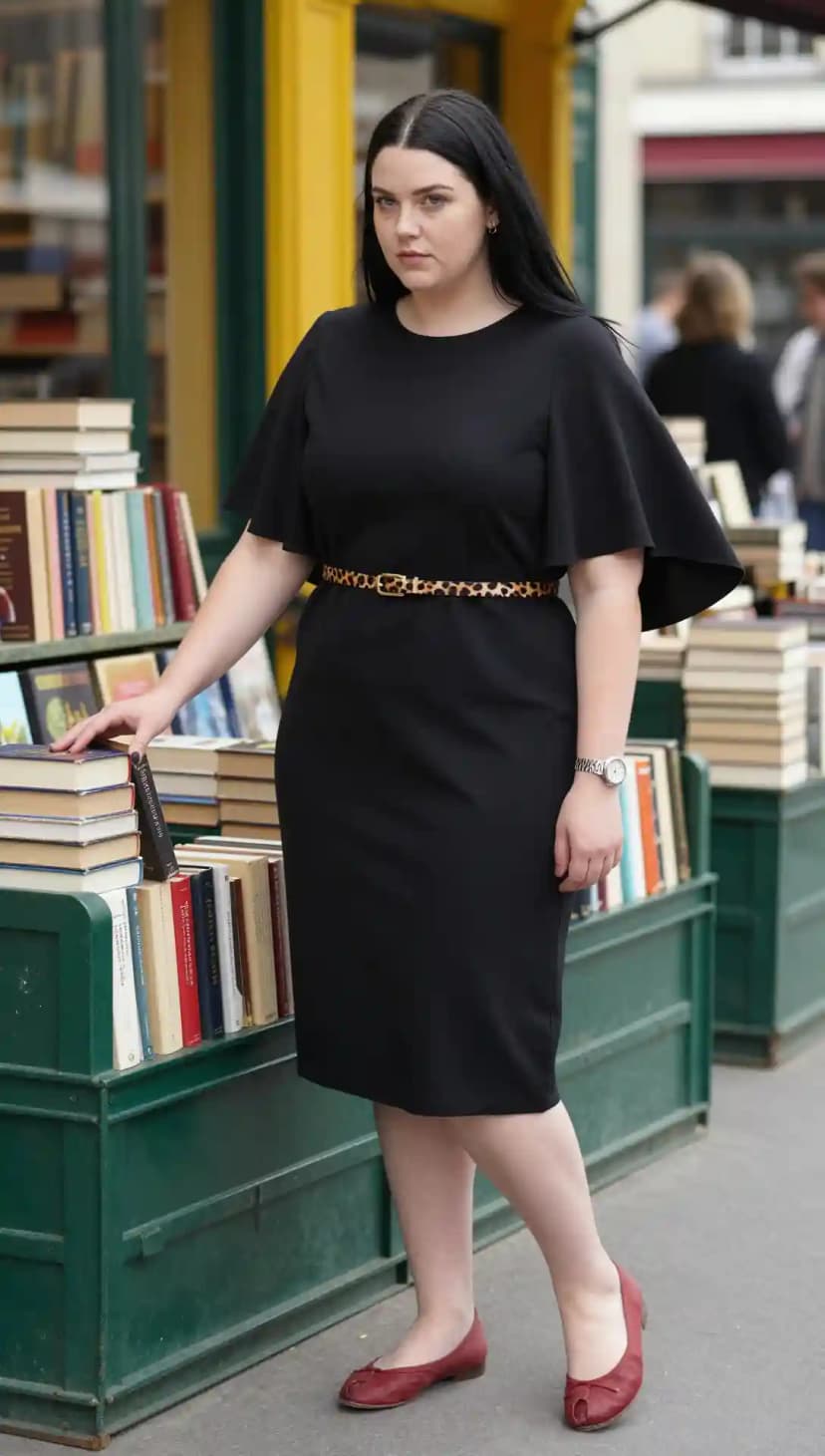 Black Flutter Sleeve Dress + Leopard Print Belt + Burgundy Ballet Flats