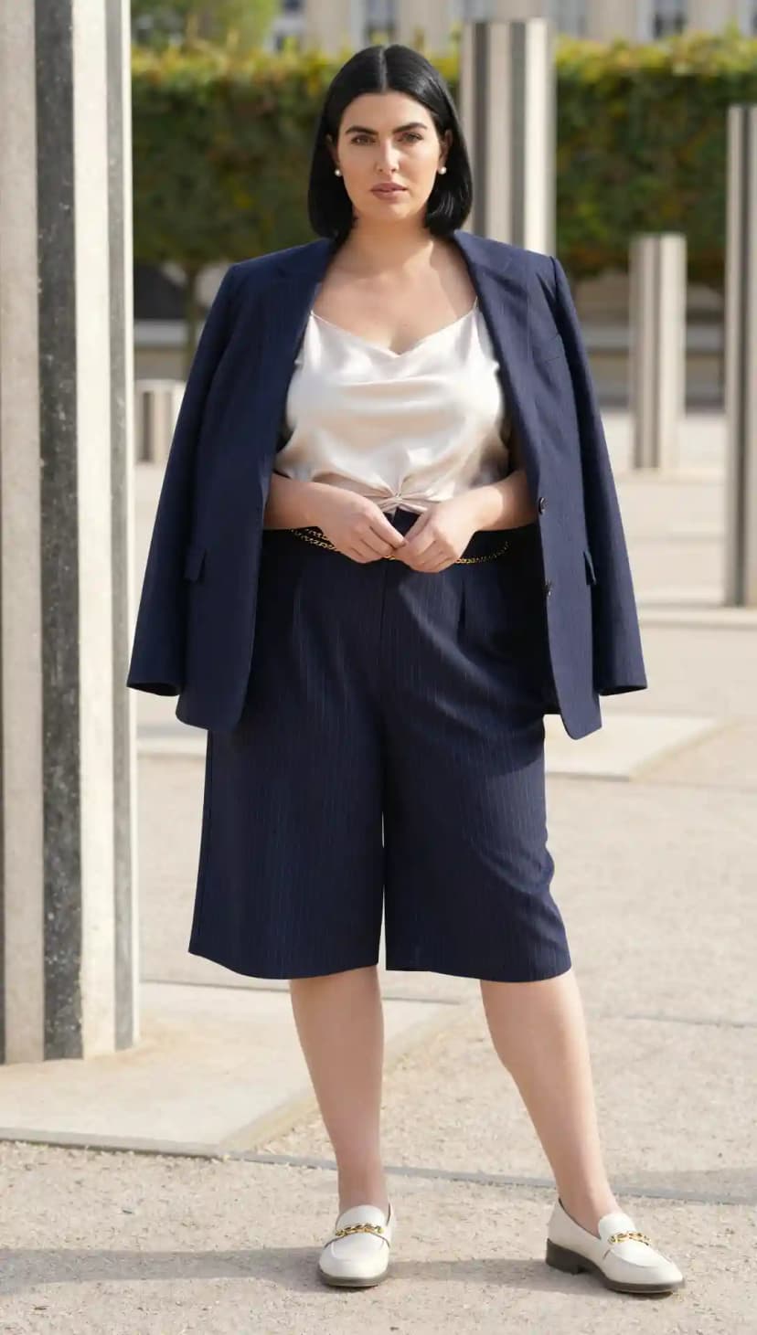 Navy Pinstripe Linen Blazer + Cream Satin Cami + Navy Pinstripe Linen Culottes