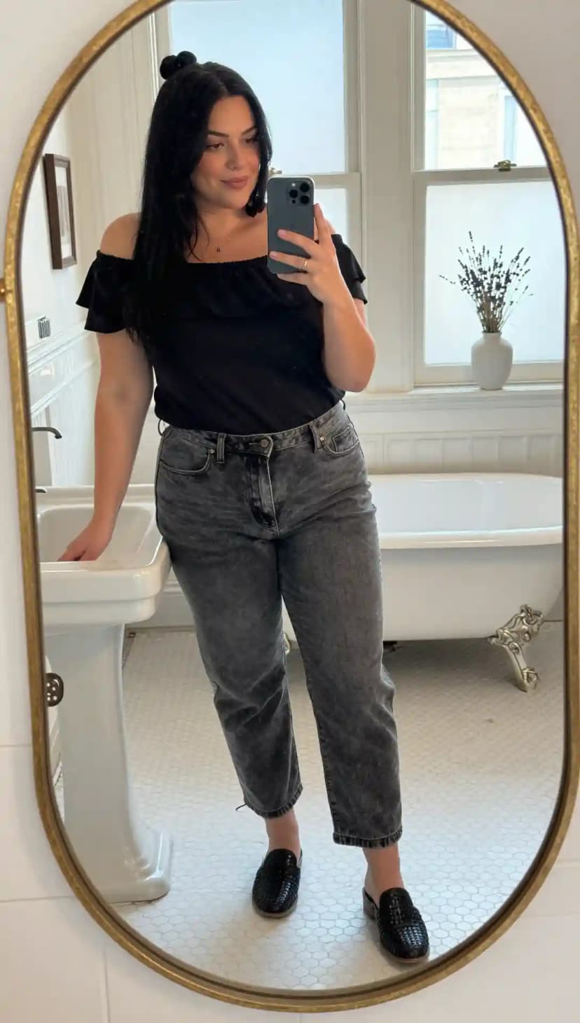 Black Cotton Off-The-Shoulder Top + Grey Denim Jeans