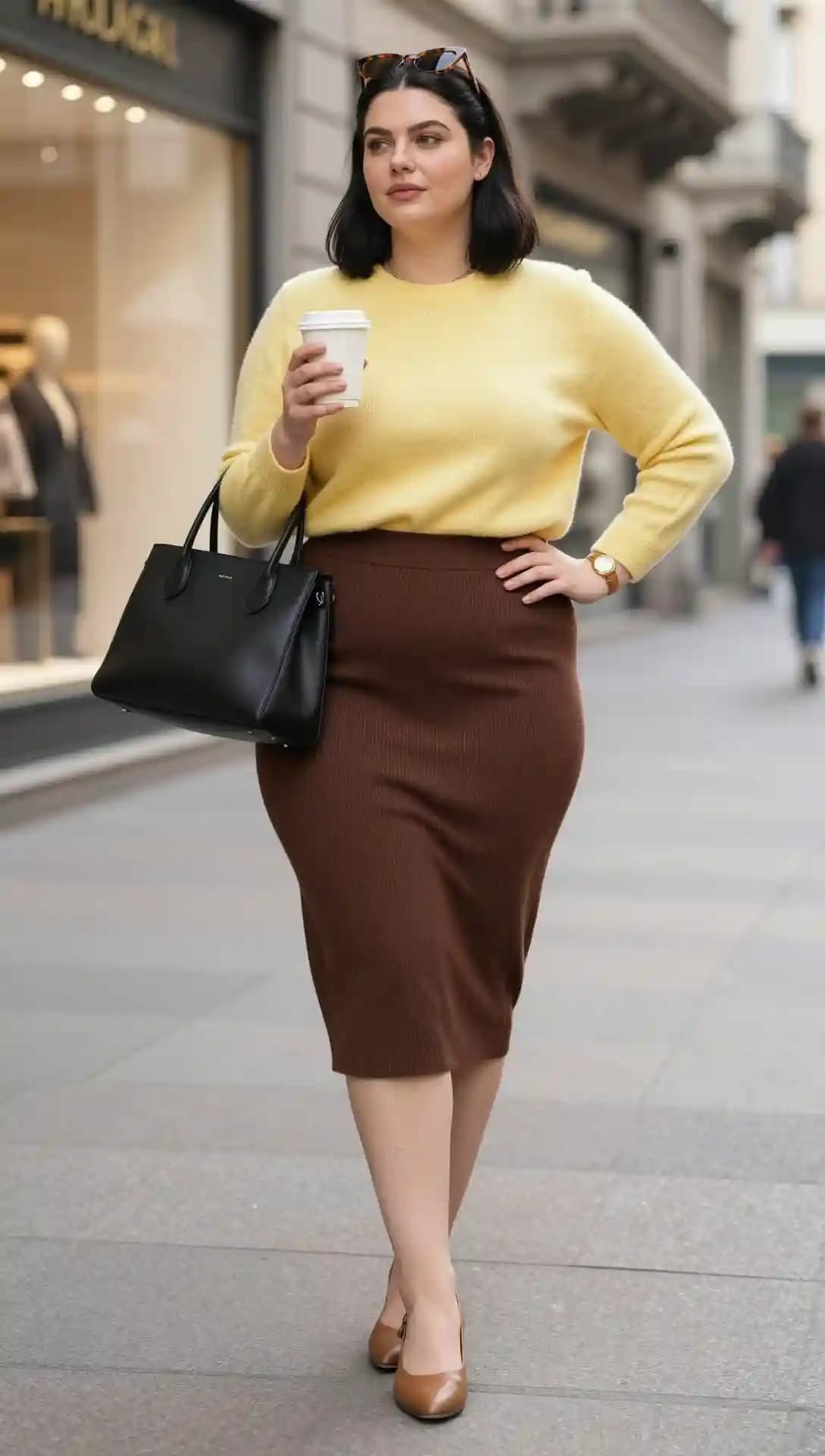 Yellow Crewneck Sweater + Brown Ribbed Knit Pencil Skirt