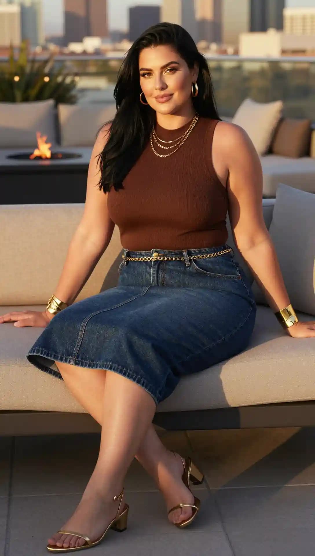 Brown Ribbed Tank Top + Gold Chain Belt + Denim Midi Skirt + Gold Heels