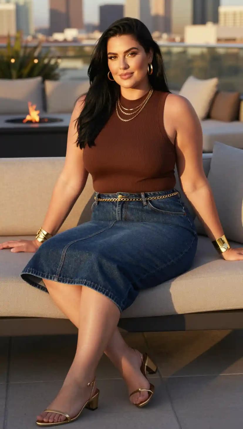 Brown Ribbed Tank Top + Gold Chain Belt + Denim Midi Skirt + Gold Heels