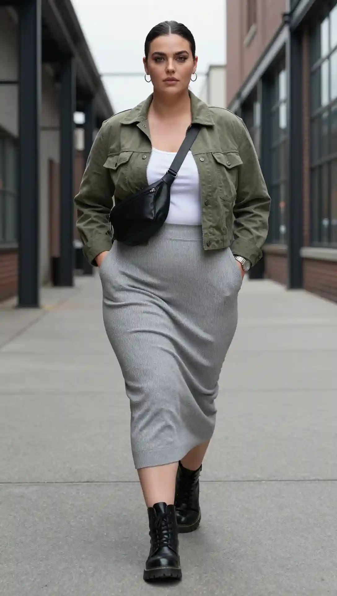 Olive Green Utility Jacket + White Tank Top + Light Grey Ribbed Pencil Skirt + Black Combat Boots