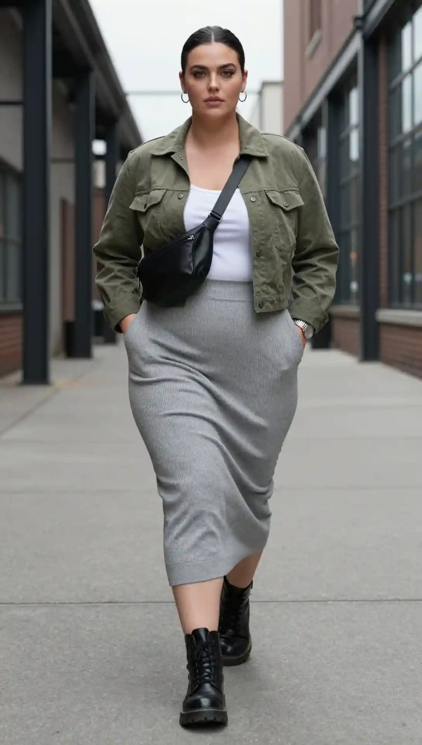 Olive Green Utility Jacket + White Tank Top + Light Grey Ribbed Pencil Skirt + Black Combat Boots