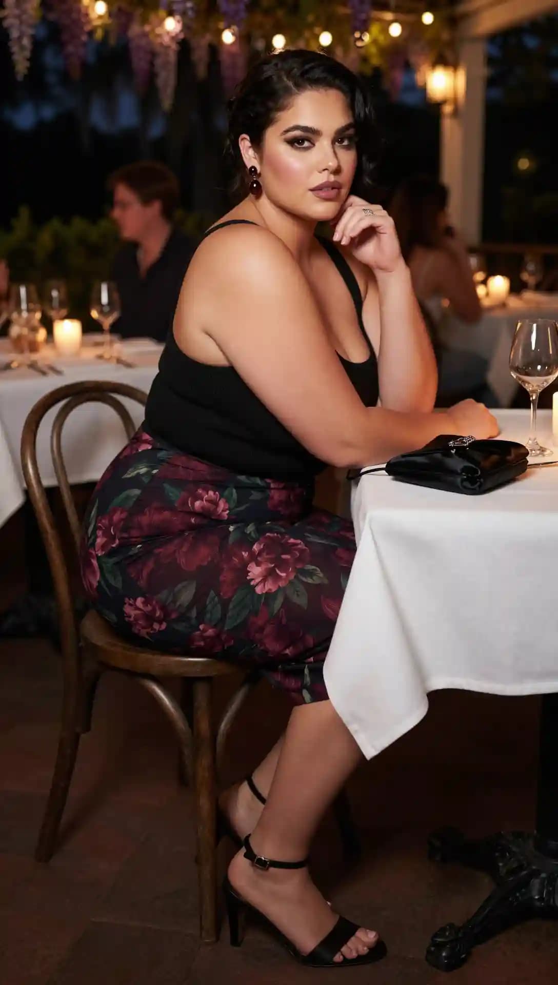 Black Tank Top + Dark Floral Print Pencil Skirt + Black Strappy Heels