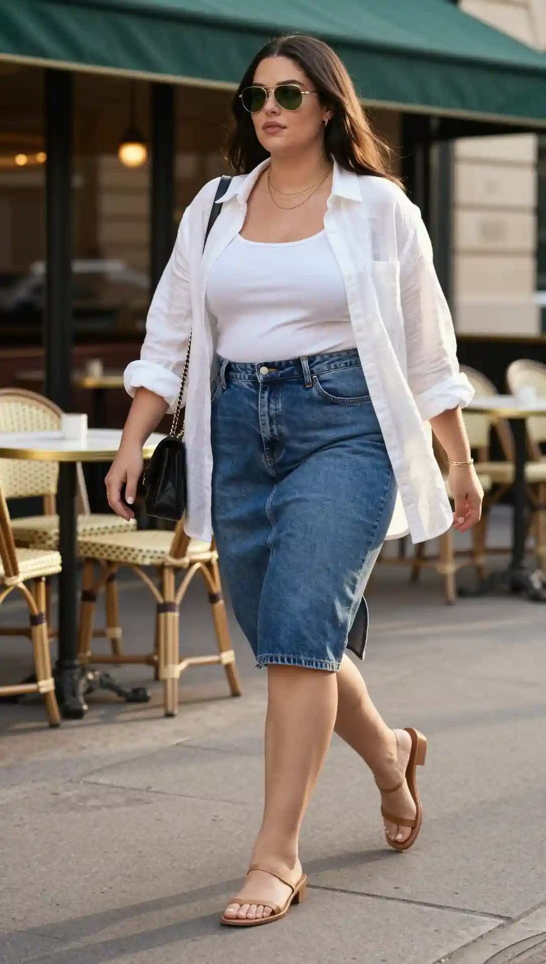 White Button-Down Shirt + Denim Midi Pencil Skirt