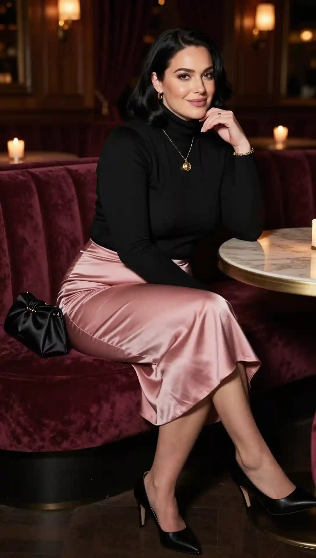 Black Turtleneck + Pink Satin Midi Pencil Skirt + Black Heels