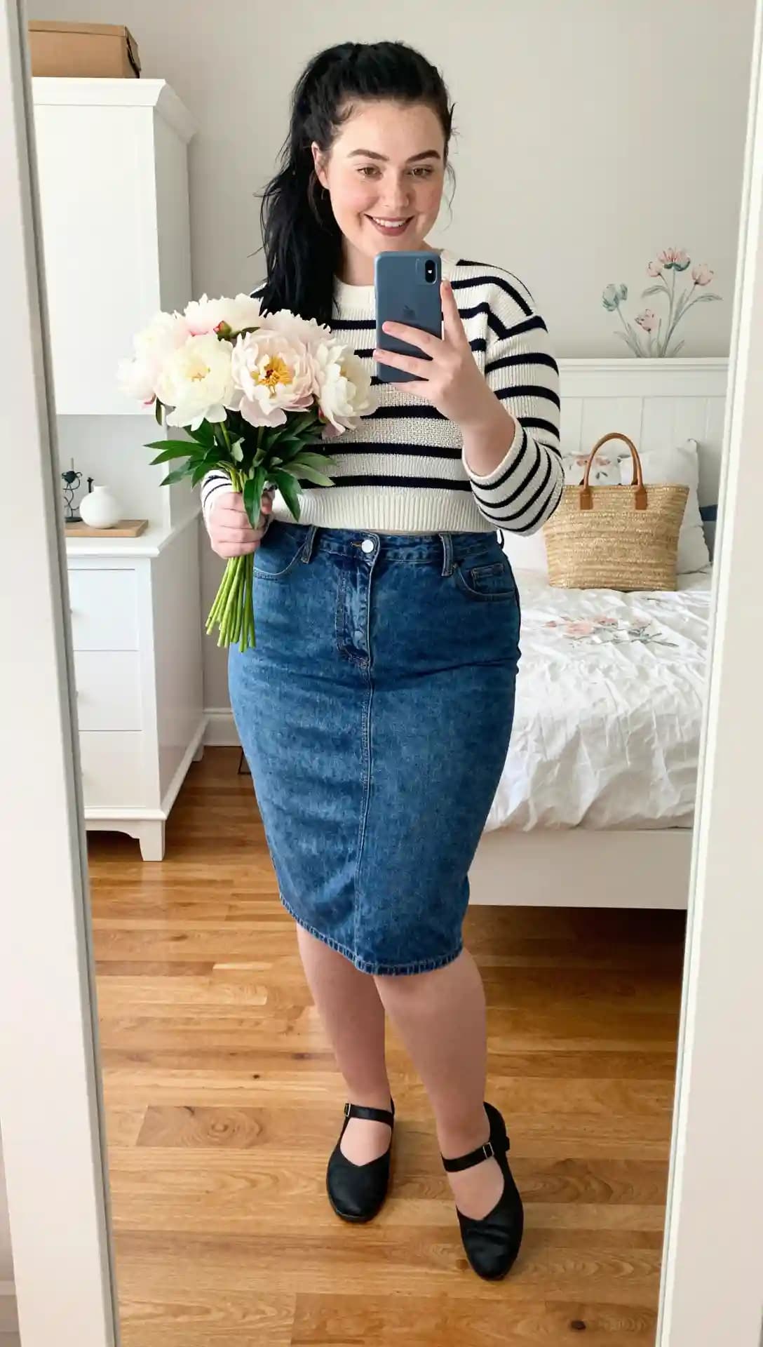 Striped Sweater + Denim Pencil Skirt + Black Ballet Flats