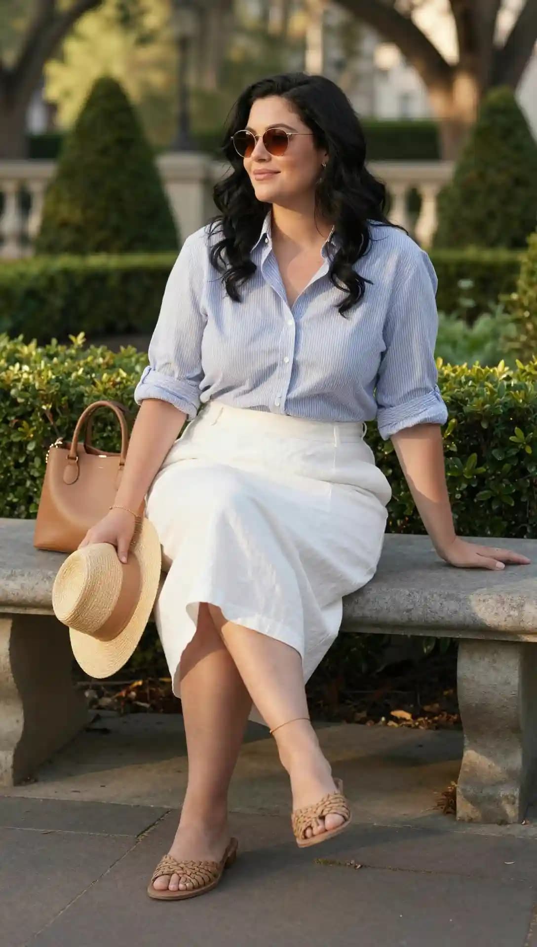 Blue Striped Button-Down + White Linen Pencil Skirt