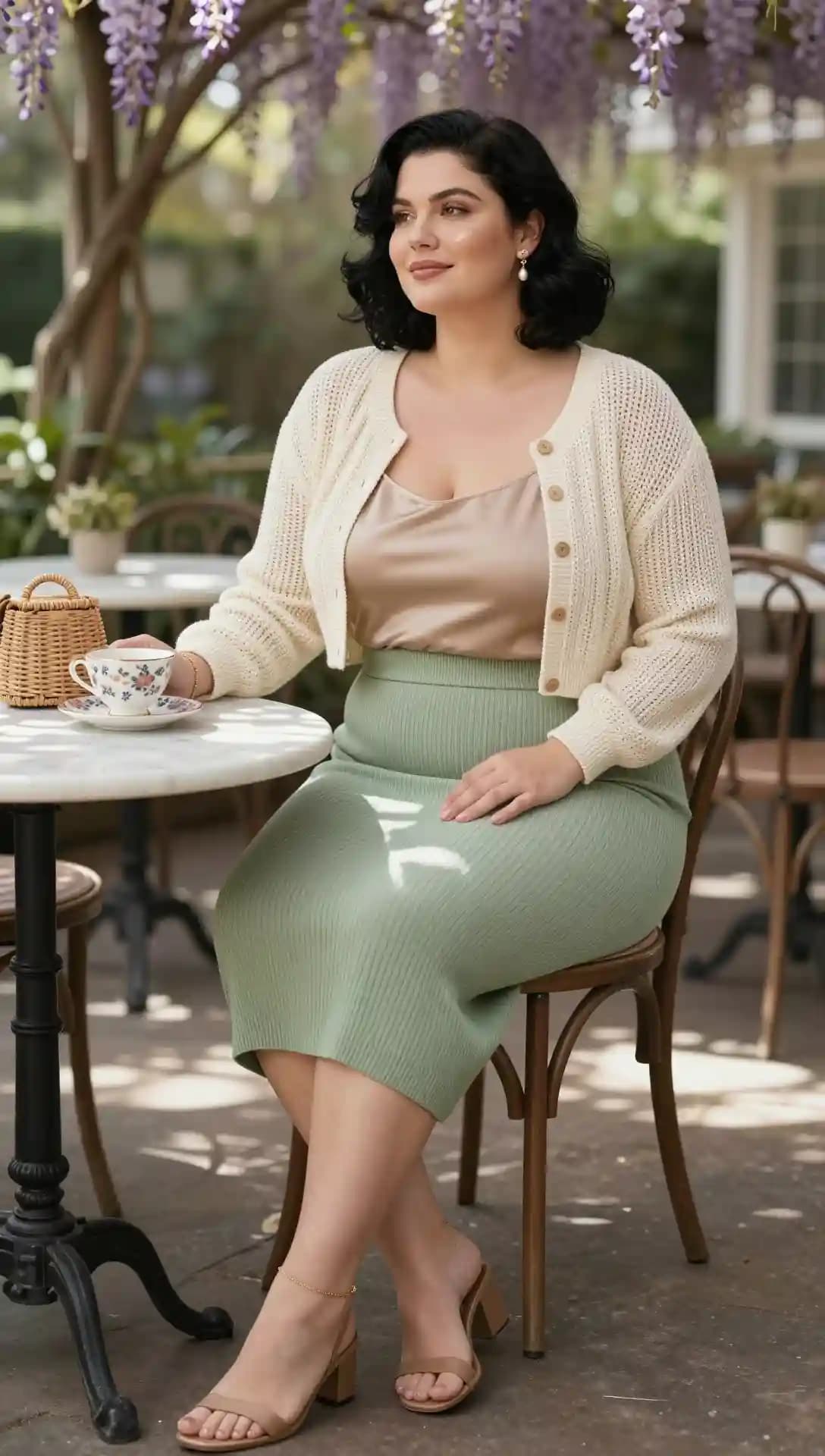 Cream Crochet Cardigan + Beige Camisole + Sage Green Ribbed Pencil Skirt