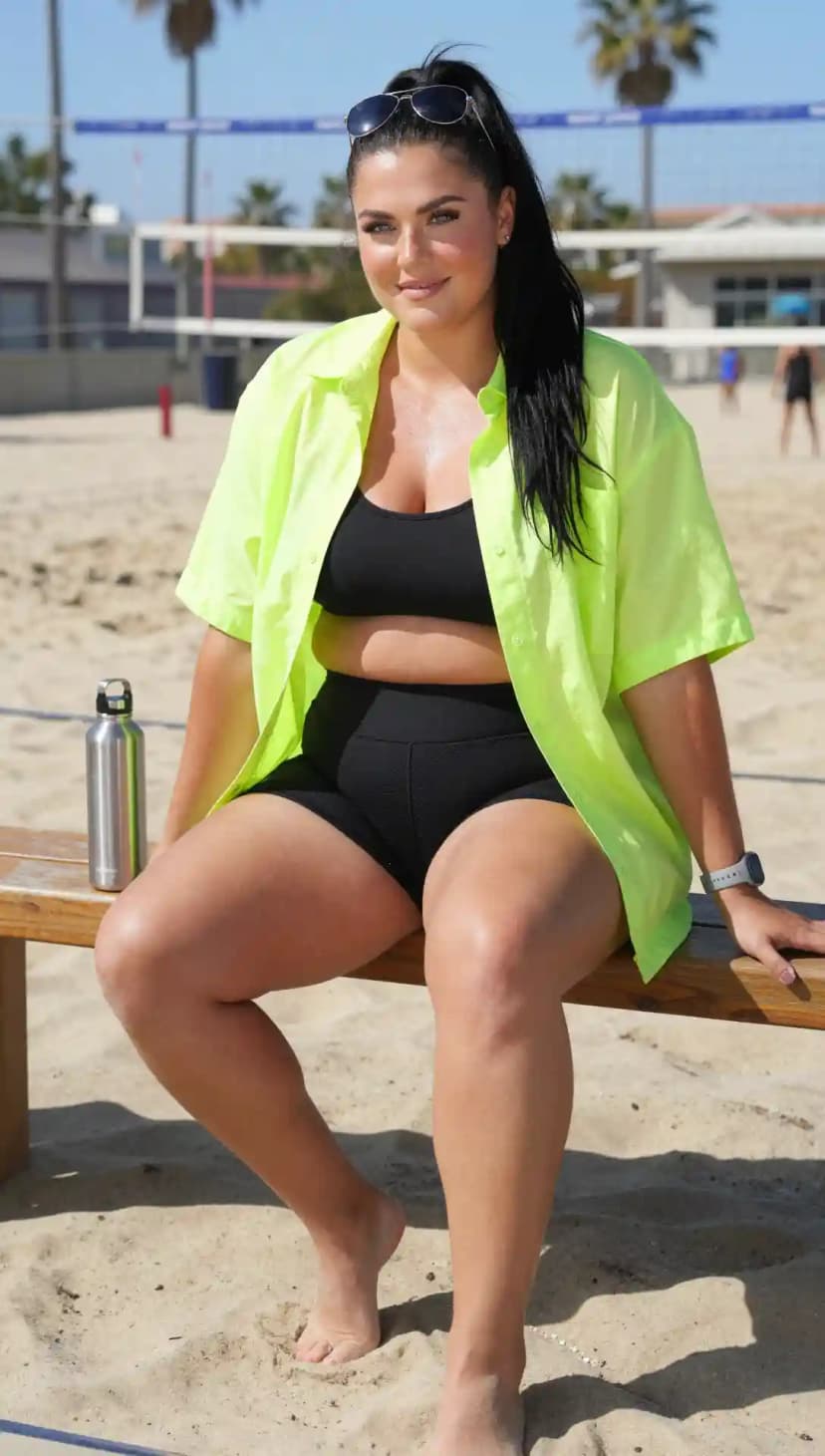 Black Ribbed Crop Top + Black Textured Shorts + Neon Green Lightweight Shirt