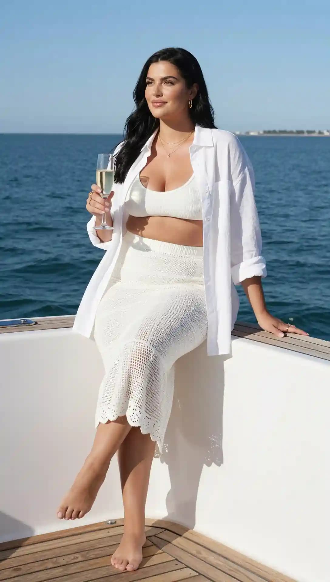 White Ribbed Crop Top + White Crochet Midi Skirt + White Linen Overshirt
