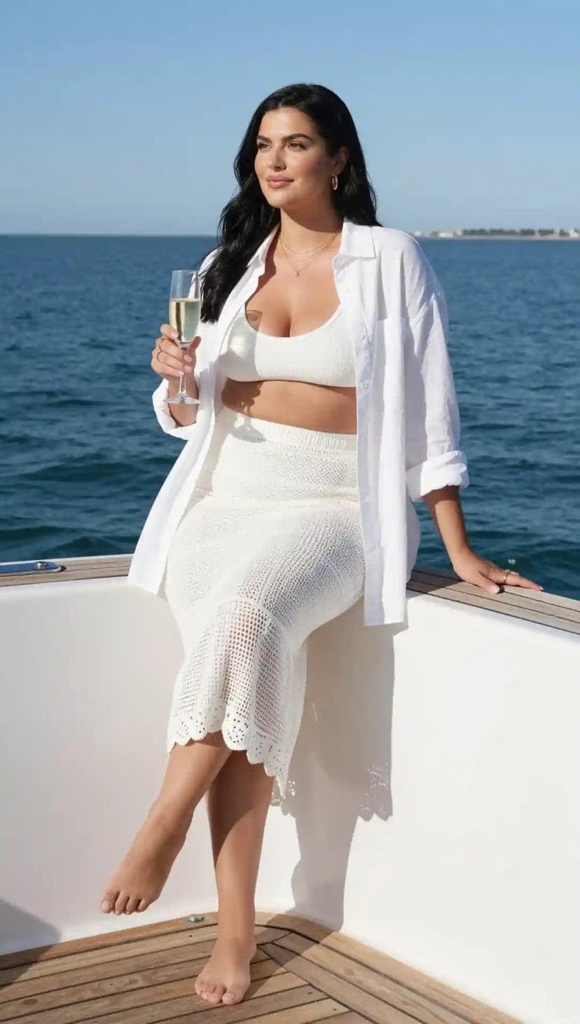 White Ribbed Crop Top + White Crochet Midi Skirt + White Linen Overshirt