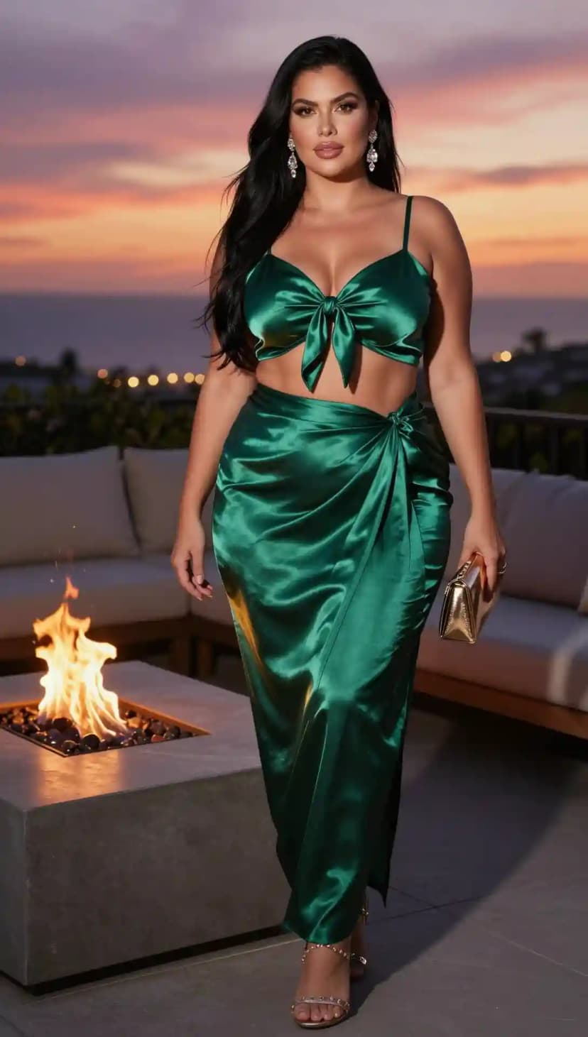 Green Satin Bow Crop Top + Green Satin Wrap Maxi Skirt
