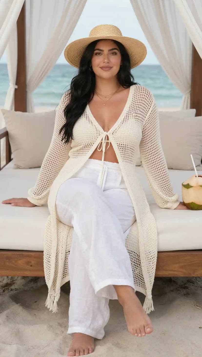 Cream Crochet Longline Cardigan + White Linen Wide-Leg Pants