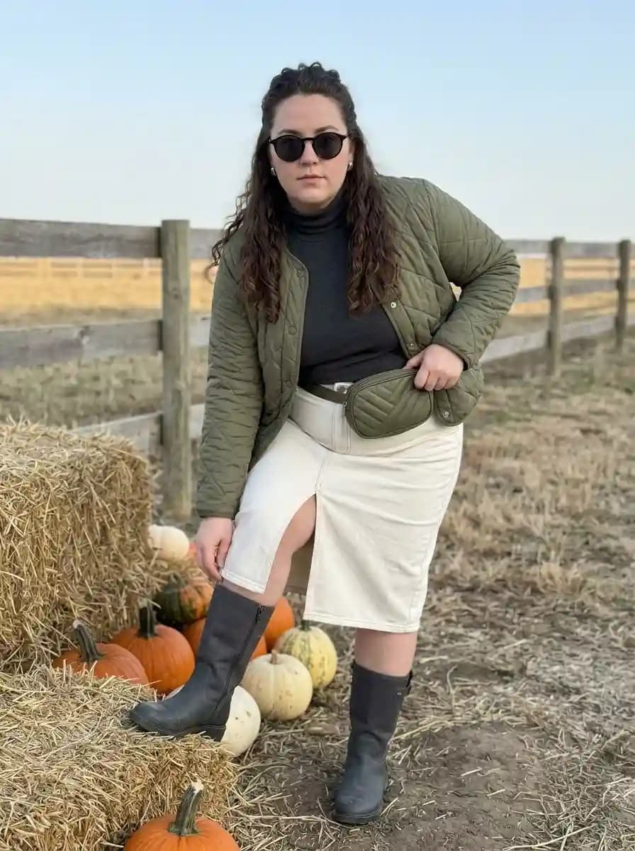 Olive Quilted Jacket with a Charcoal Turtleneck and Cream Midi Skirt