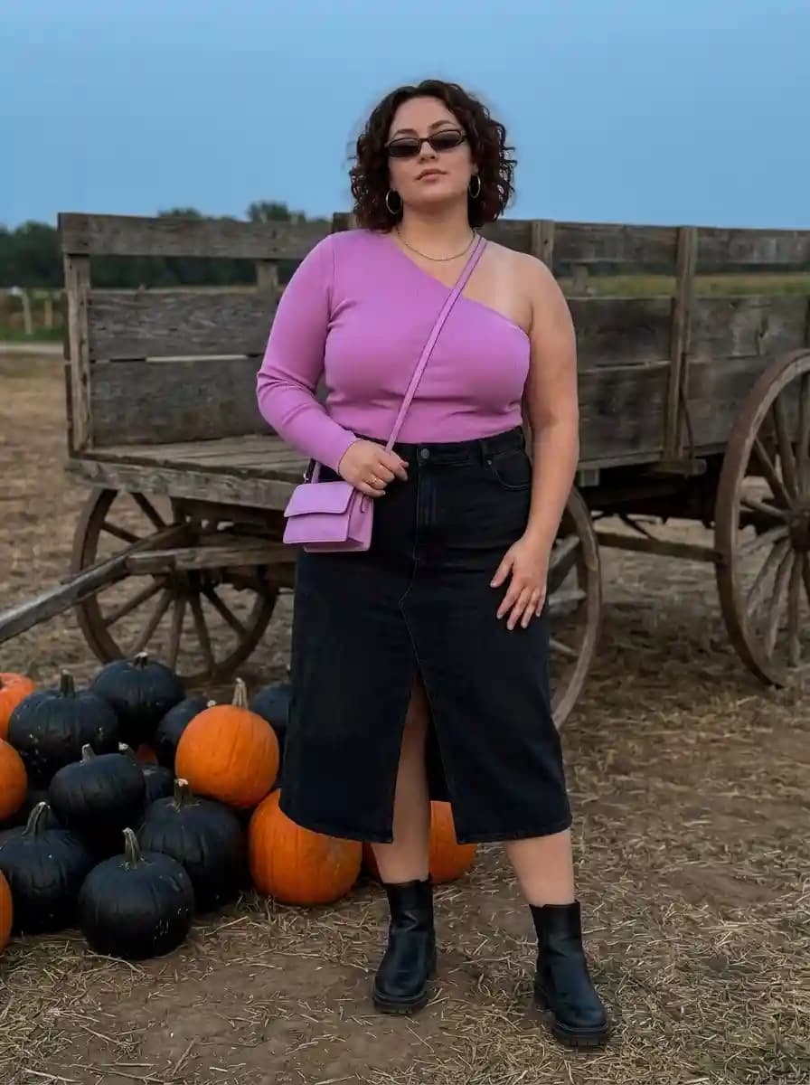 Lilac One-Shoulder Top with a Black Denim Midi Skirt
