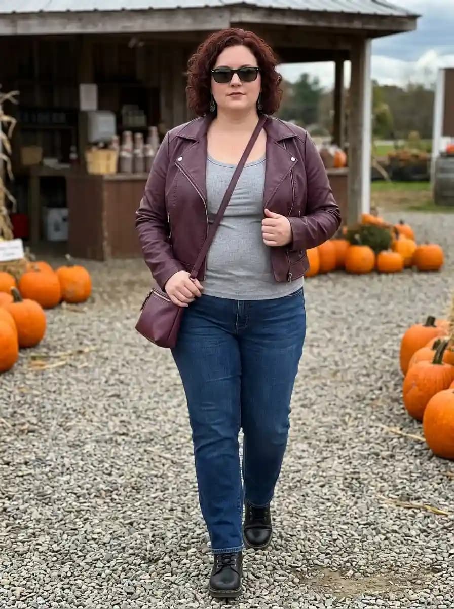 Burgundy Moto Jacket with a Grey Top and Dark Jeans
