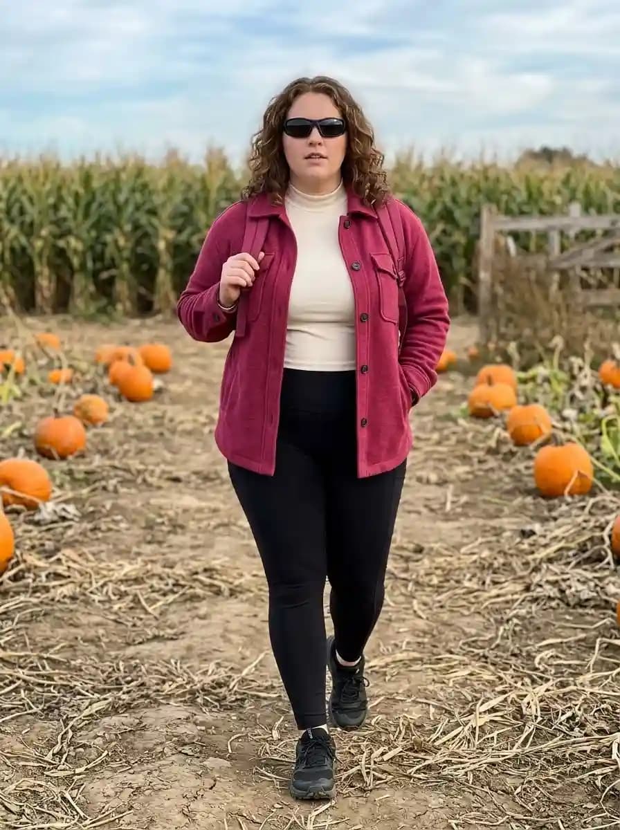 Burgundy Shacket with a Cream Turtleneck and Black Leggings