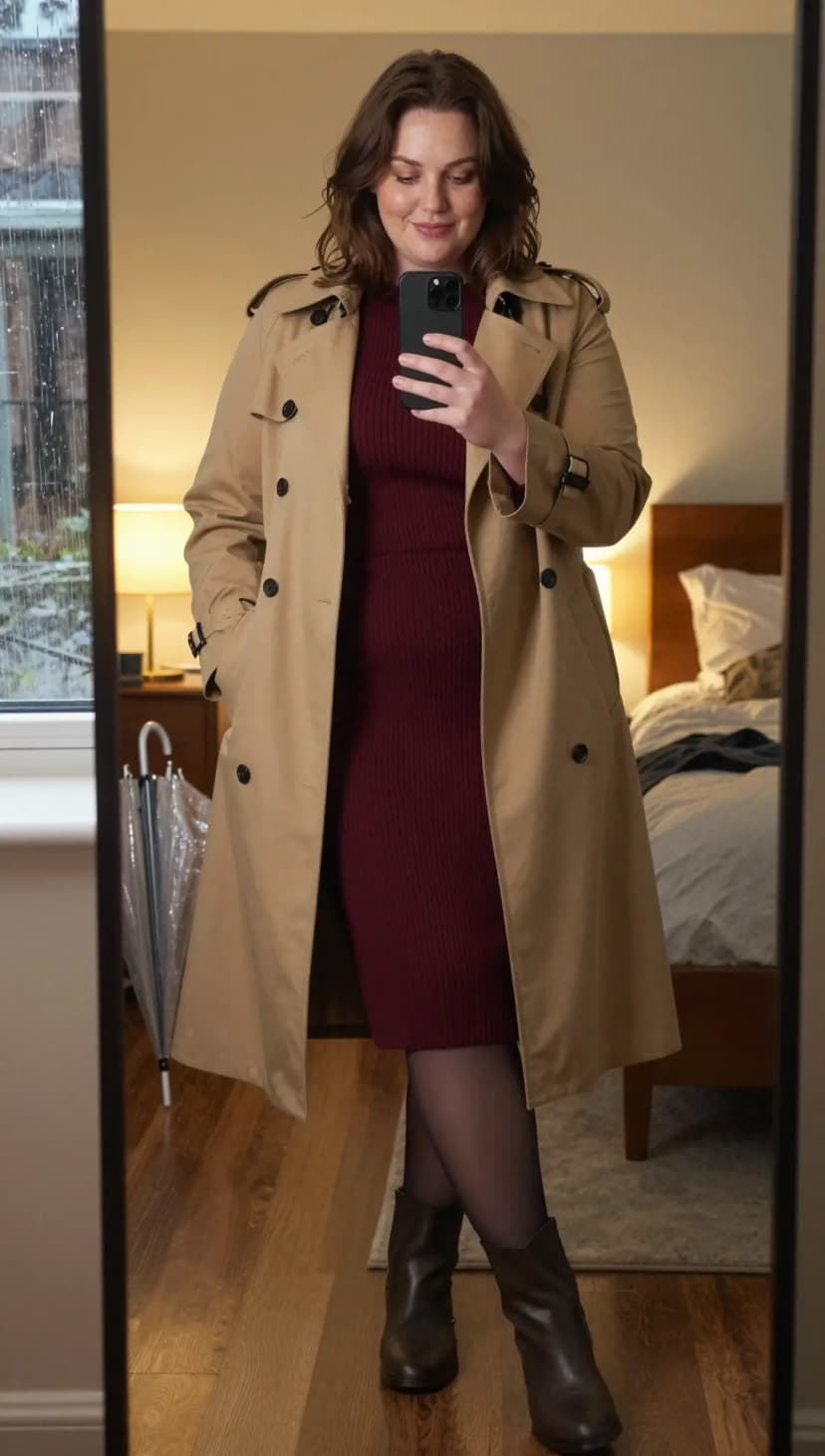 Burgundy Ribbed Knit Midi Dress + Tan Cotton Trench Coat + Black Opaque Tights + Brown Leather Ankle Boots