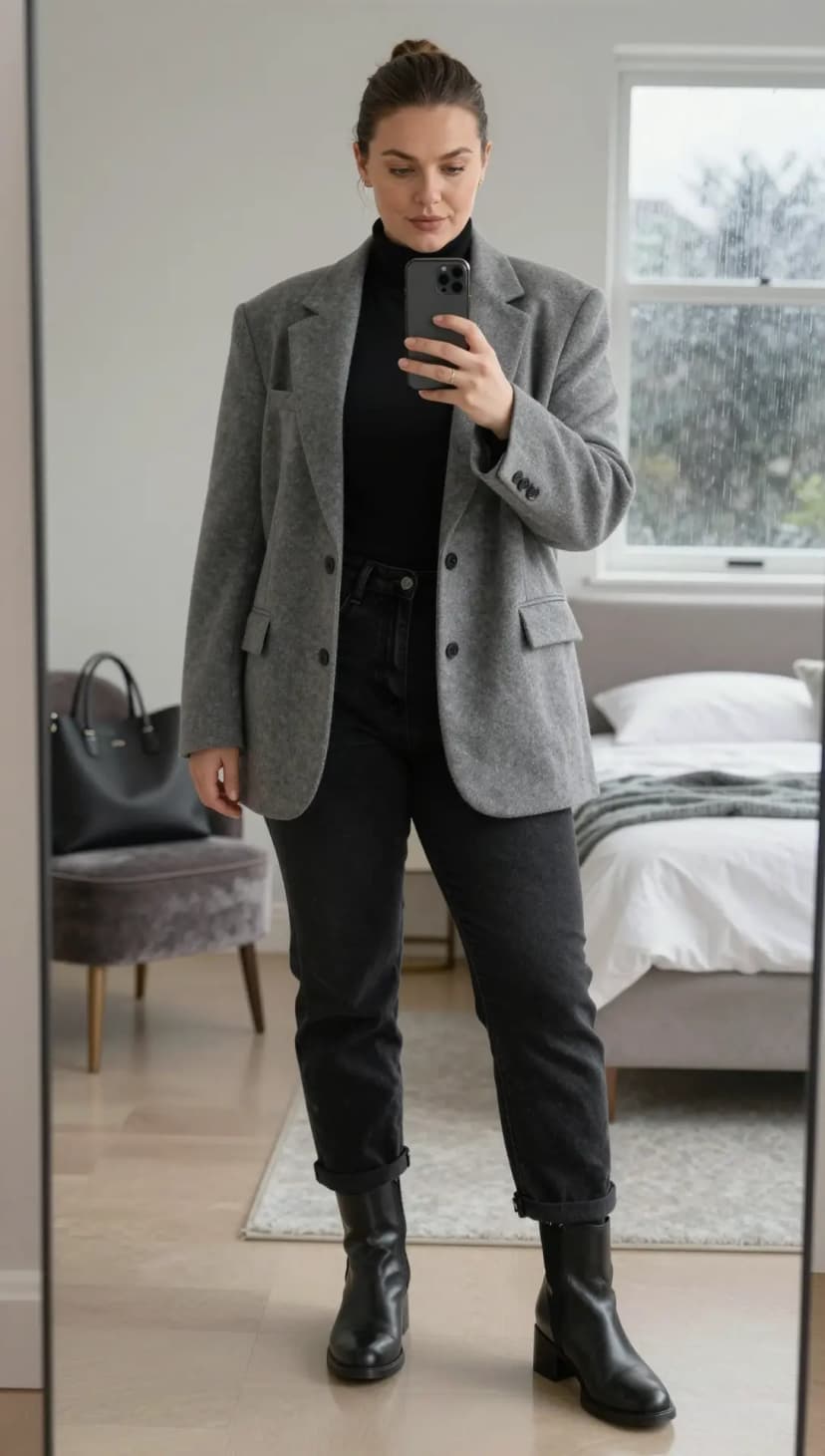 Black Knit Turtleneck + Grey Wool Blazer + Black Denim Jeans + Black Leather Ankle Boots