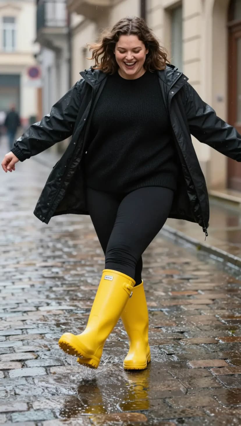 Black Knit Sweater + Black Leggings + Black Rain Jacket + Yellow Rain Boots