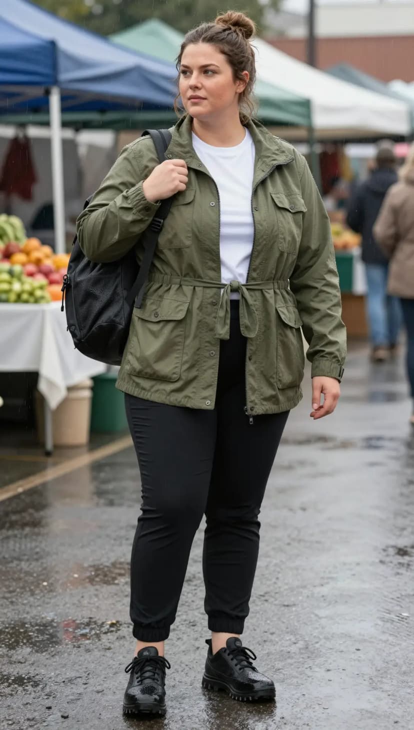 Olive Cotton Utility Jacket + White Cotton T-shirt + Black Spandex Joggers